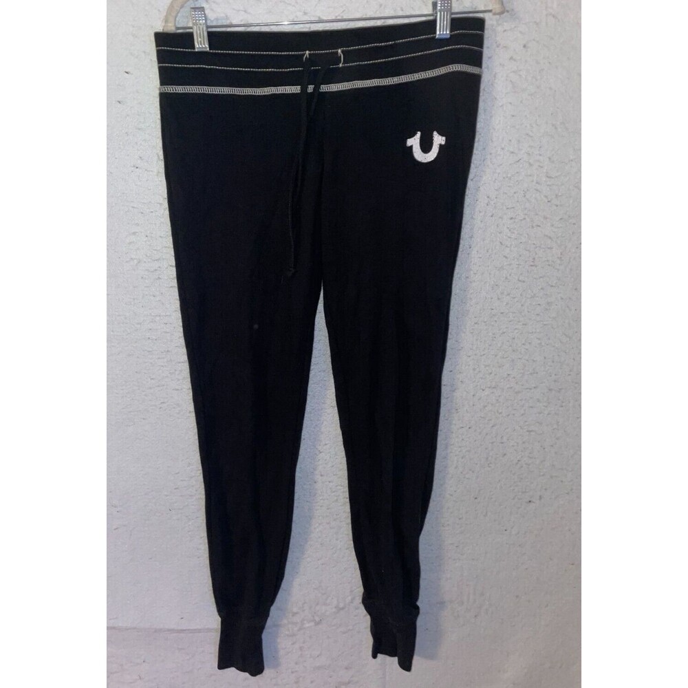 True Religion Sweatpants sz S Womens Black Bling Logo Drawstring Joggers